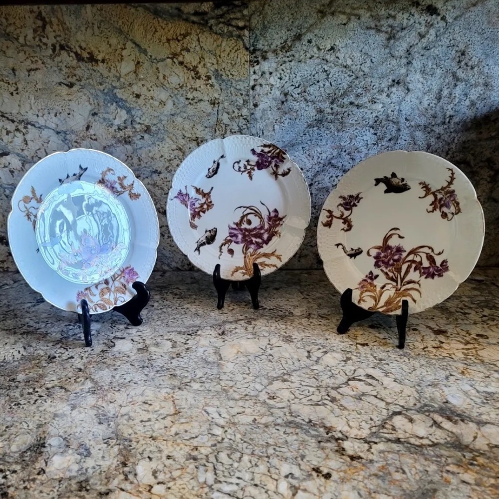 CFH GDM CH Field Haviland Limoges France Purple Flowers Scalloped Gold Trim 3 pc